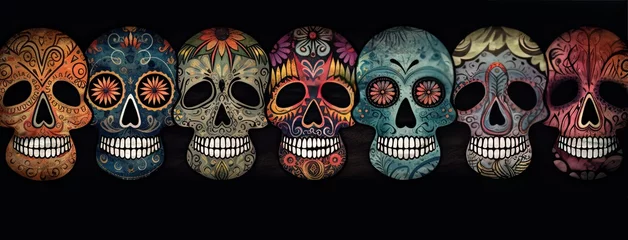 Rolgordijnen Schedel Many colored skulls with flowers on a dark background. Generative AI