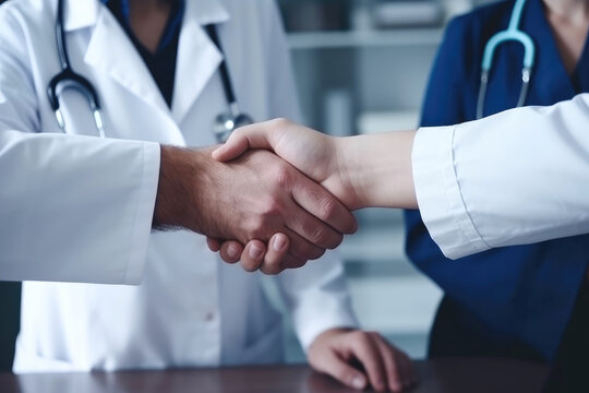 Medicine and health care concept, Doctors handshake after operation. Generative AI