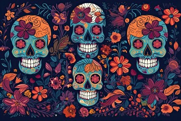 Mexican festival known as Day of the Dead. Sugar skulls in blue and orange tones. Generative AI