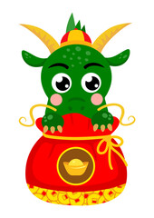 Fototapeta premium Cute chinese zodiac dragon inside the bag of gold coins