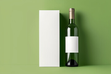 Mockup featuring a green glass wine bottle placed on a white gift packaging box against a clean green background. Generative AI
