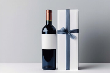 Mockup template with dark glass wine bottle with vertical white gift box with blue ribbon on white background. Generative AI