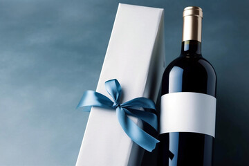 Mockup template, flat lay, with dark glass wine bottle and white gift box with blue ribbon on blue background. Generative AI