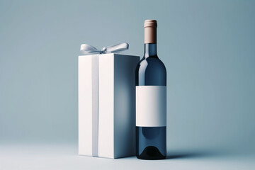 Mockup template with blue glass wine bottle and vertical white gift box with blue ribbon on blue background. Generative AI
