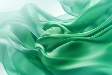 The delicate green silk scarf flutters in the air, as if carried by a gentle breeze. Its flowing motion and soft fabric create a sense of elegance and beauty. Against a white background. Generative AI