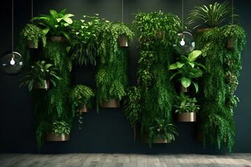Contemporary green wall. Vertical planters and greenery add a touch of nature to your living space. Generative AI