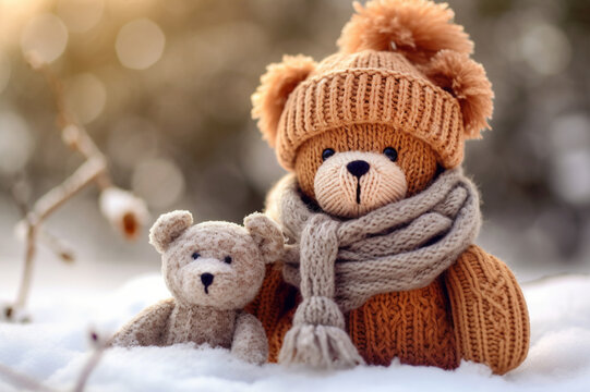 Winter Wonderland: Adorable Teddy Bears with Knitted Accessories. Generative AI.