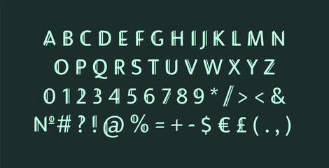Sans serif dark alphabet set. Vector decorative typography. Decorative typeset style. Latin script for headers. Trendy letters and numbers for graphic posters, banners, invitation texts for dark theme