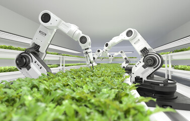 Smart robotic farmers concept, robot farmers, Agriculture technology, Farm automation.