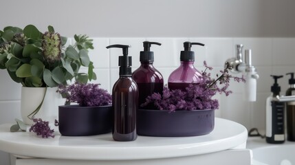 A bottle of shampoo is placed around a clean white background. Spa concept with purple theme. Generative AI.