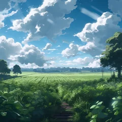 Zelfklevend Fotobehang Beautiful landscape with blue sky painting illustration. Beautiful sky digital art. Art in anime painting style. Generative AI. © SaraY Studio 