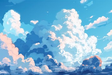 Beautiful landscape with blue sky painting illustration. Beautiful sky digital art. Art in anime painting style. Generative AI.