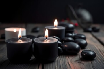 Candles and black hot stone on wooden background. Spa candles. Generative AI.