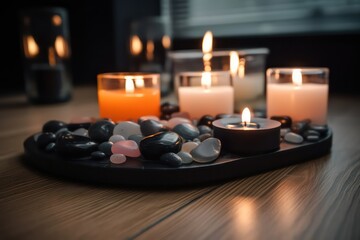 Candles and black hot stone on wooden background. Spa candles. Generative AI.