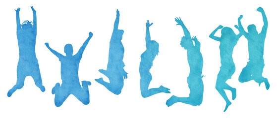 Watercolor silhouettes of a group of people jumping. Happy people silhouettes.