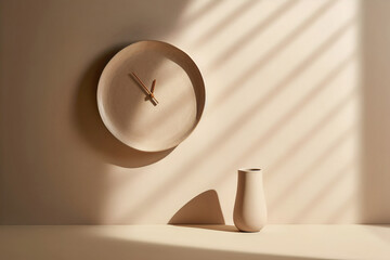 Clock in shape of ceramic pottery plate with vase against wall with shadows and light  rays in beige colors. Generative AI