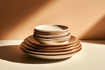 Ceramic food plates in beige color shades with shadows and light rays on plain beige background. Generative AI