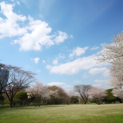 Beautiful park with blue sky in soft dreamy style. Generative AI.