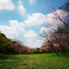 Fototapeta na wymiar Beautiful park with blue sky in soft dreamy style. Generative AI.