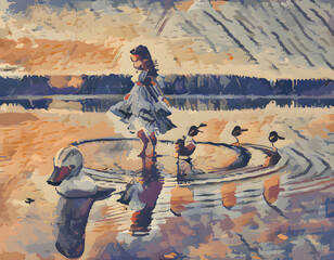 Baby girl plying with duck