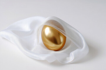 Fototapeta na wymiar Festive golden Easter egg wrapped in transparent white silk cloth, veil on white background. Generative AI