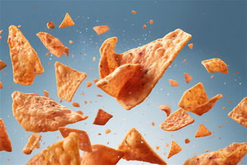 Nachos flying in the air on a blue background ia generative