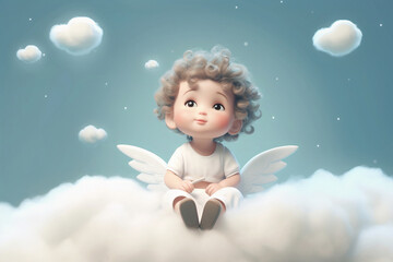 Little cute boy kid child, angel with wings sitting on the cloud dreaming. Generative AI - obrazy, fototapety, plakaty