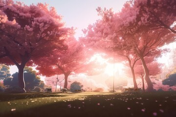 Sakura lawn bright light effect landscape japanese anime painting style. Beautiful illustration. Generative AI.