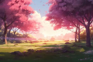Obraz na płótnie Canvas Sakura lawn bright light effect landscape japanese anime painting style. Beautiful illustration. Generative AI.