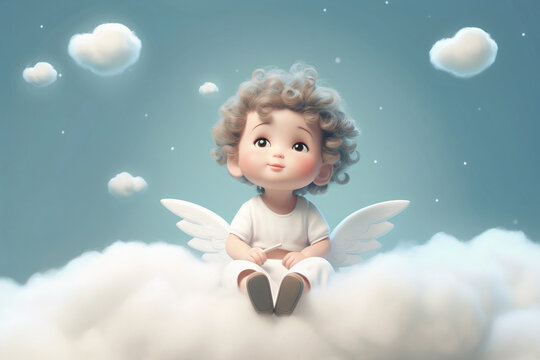 Little cute boy kid child, angel with wings sitting on the cloud dreaming. Generative AI