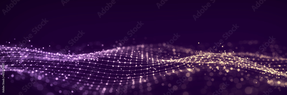 Poster 3d digital wave. technology purple and gold wave. flow digital structure. cyber technology backgroun