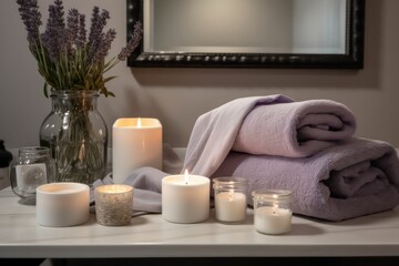 Fototapeta na wymiar Spa table,candles,towels,spa decor lilac neutral colors. Relax and health concept. Generative AI.