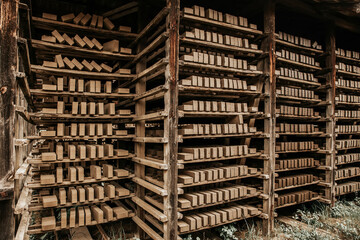 Brick drying on shelves in brick factory