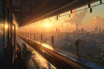Illustration of skytrain. Digital art about beautiful city with sunset view and skytrain. Generative AI. 
