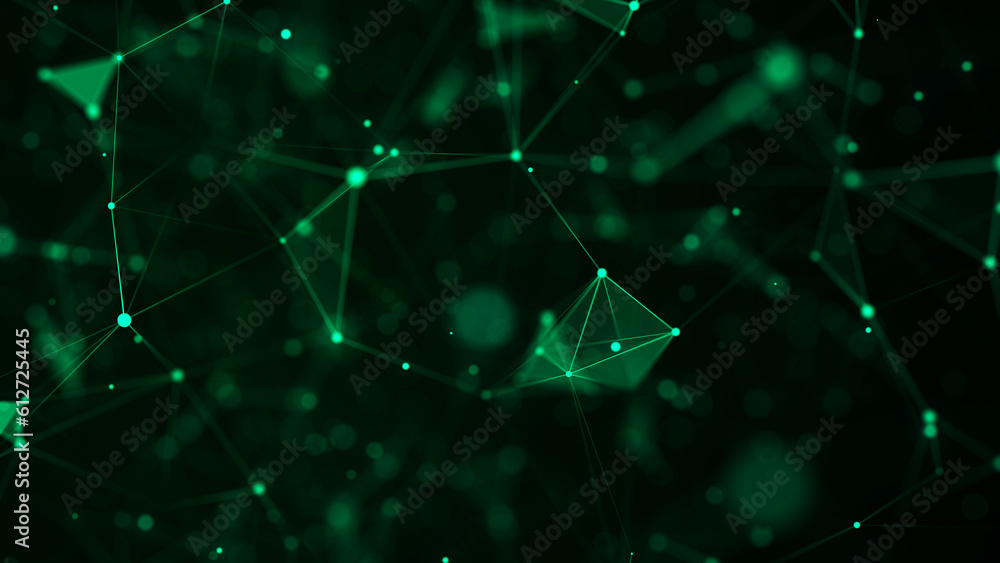 Poster futuristic geometric flow with connecting points and lines. abstract green digital background. globa