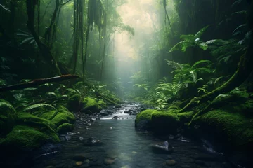 Fototapeten amazon rainforest with tropical vegetation, a creek runs through a mysterious jungle, a mountain stream in a lush green valley, fictional landscape created with generative ai © CROCOTHERY
