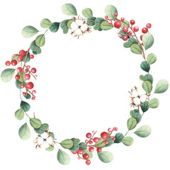 Obraz na płótnie Canvas Wreath with red berries and green branches. Modern design for Holidays invitation card, poster, banner, greeting card, postcard, packaging, print. watercolro illustration isolated on white background.