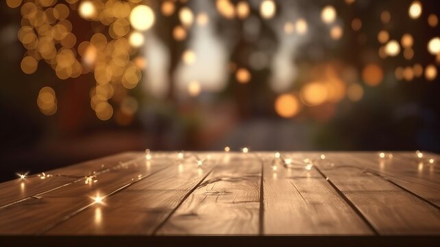 Empty wooden table top mockup for placing your objects, blurred background with christmas lights bokeh, ai generated