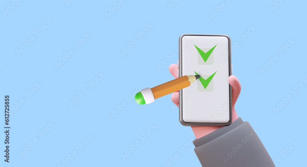 Poster to do list in phone. 3d hand marks completed points with pencil. process of achieving goal. vector c