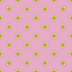 Daisy seamless pattern on pink background. Flat design.