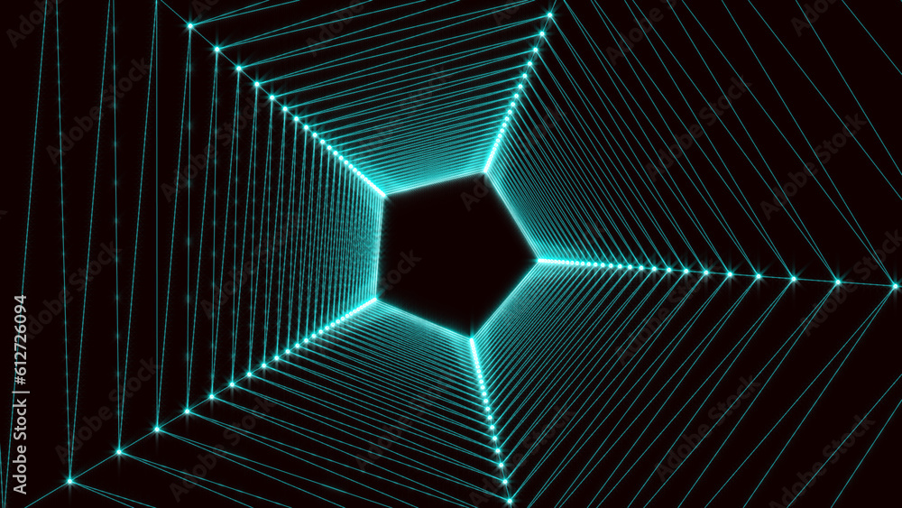 Poster a moving tunnel of luminous spots in cyberspace. background of endless space in the future. cyberspa