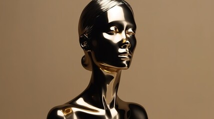 Minimalistic Female Mannequin Head in Gold and Black. Generative AI
