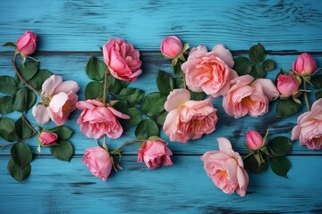 Fototapeta na wymiar Pink roses blue wooden plank. Generate Ai