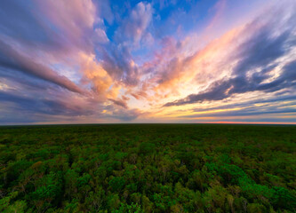 Hermosa panorámica de atardecer nublado con selva en Quintana Roo México