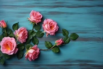 Fototapeta na wymiar Pink roses blue wooden. Generate Ai