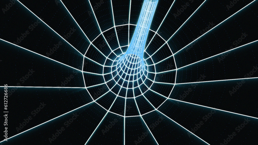 Poster Vector illustration of a three-dimensional tunnel and wormhole in a flat style. abstract science 3d surface idea grid for a time-traveling wormhole