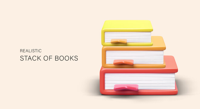 Realistic stack of books. Volumes in hard covers of different colors. Textbooks with bookmarks. 3D books with shadows. Large library. Vector concept for bookstores, libraries, publishing houses