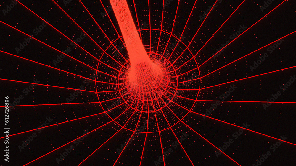 Poster vortex. grid in vector perspective. abstract wireframe tunnel. vector wormhole in three dimensions u