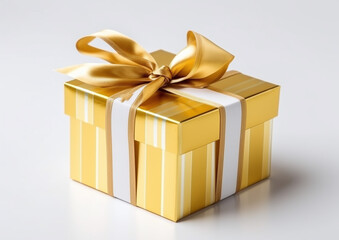 Fototapeta premium Yellow Gold gift box with ribbon isolated on white background. generative ai