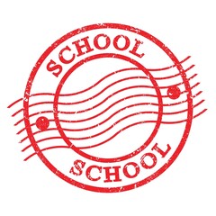 SCHOOL, text written on red  postal stamp.